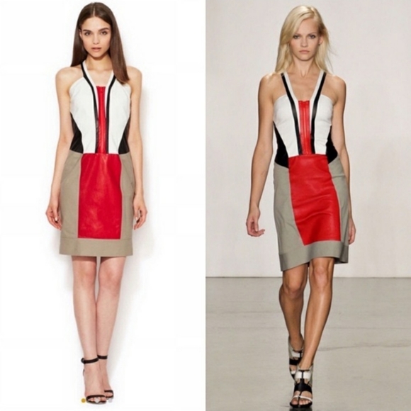 Helmut Lang Red Tan Canvas Leather Color Block Sleeveless Dress Size 4